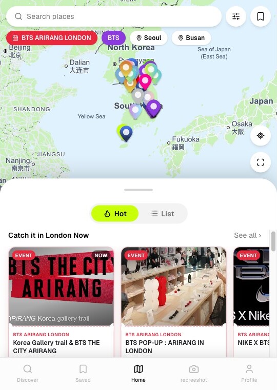 reCree 웹 서비스 화면 — 지도와 이벤트 카드